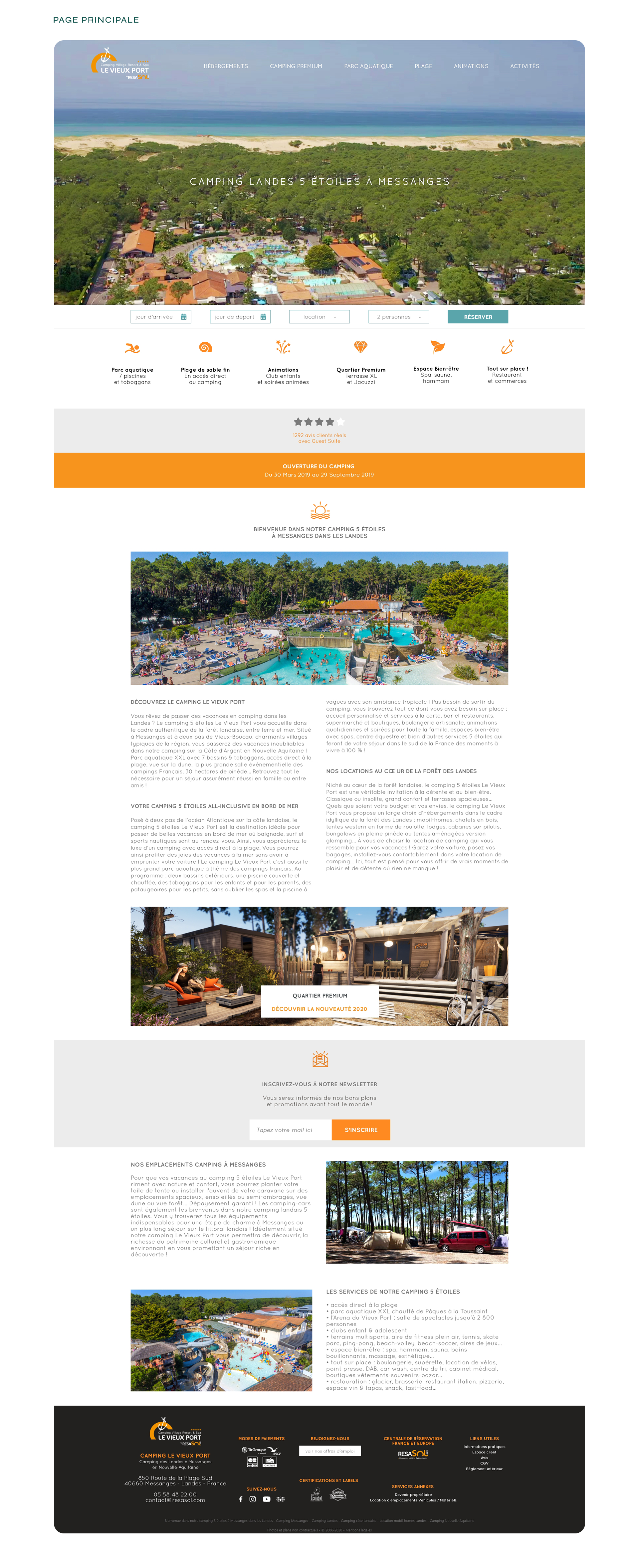 Page principale du site internet du camping Le Vieux Port, simple et ergonomique réalisé par le Studio Abélia