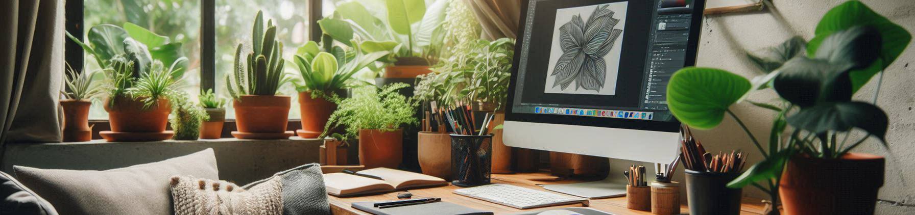Espace de travail cosy à domicile du Studio Abélia, spécialisé en graphisme et webdesign dans le Pays basque